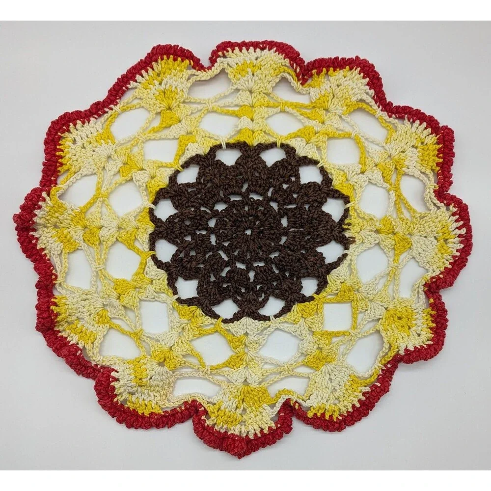 Retro Hand Crocheted Round Cotton Doily Brown Yellow Red Color Changing 15